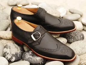 Awesome Handmade Men's Black Leather Wing Tip Brogue Monk Strap Shoes, Men Goodyear Welted Dress Formal Shoes