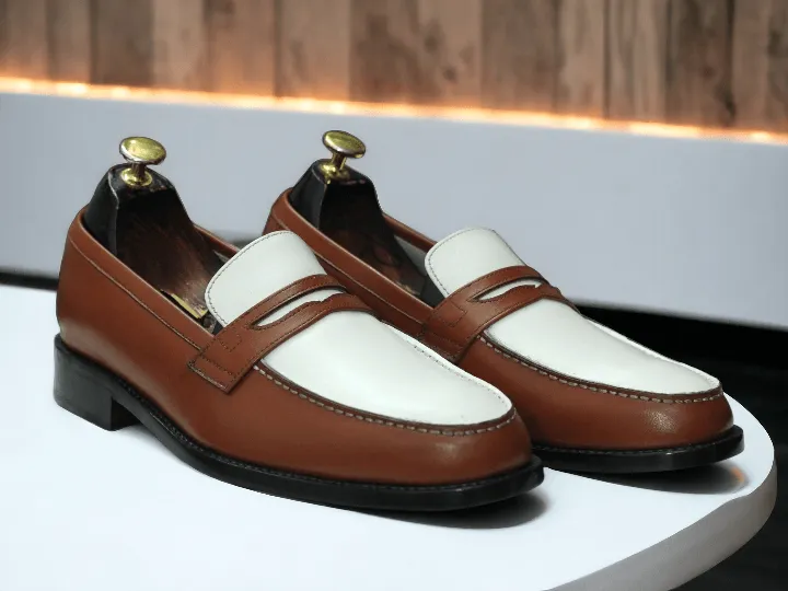 Awesome Men's Handmade White & Brown Loafer Shoes, Men Formal Dress Shoes