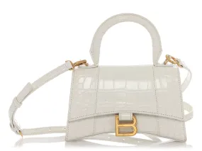 Balenciaga XS White Crocodile Embossed Hourglass Top Handle Bag