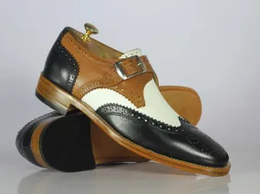 Bespoke Multi Color Leather Wing Tip Buckle Up Shoes, Men Monk Strap Dress Shoes