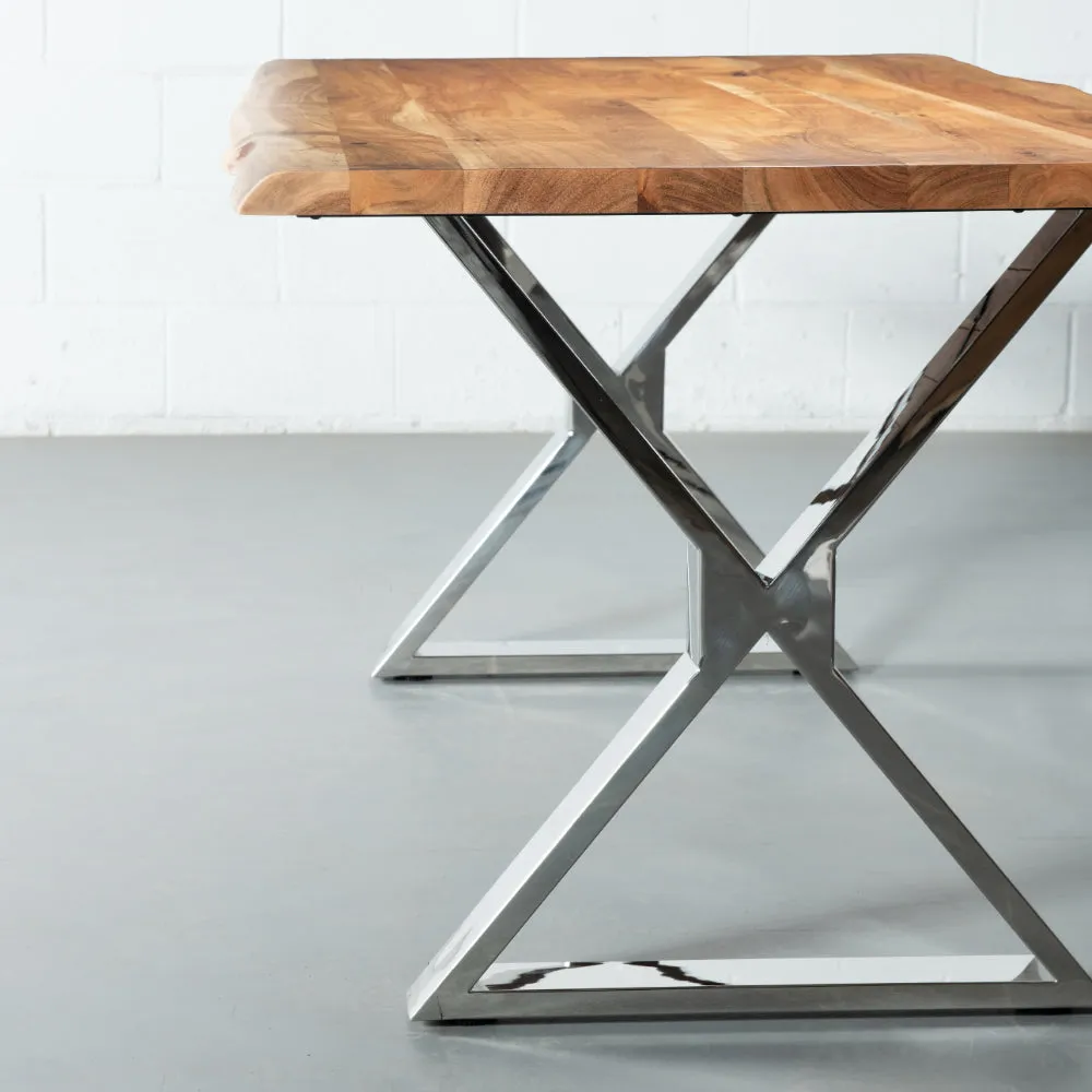 DANTON - Acacia Live Edge Table 3.5cm Thickness Top with X Chrome Legs