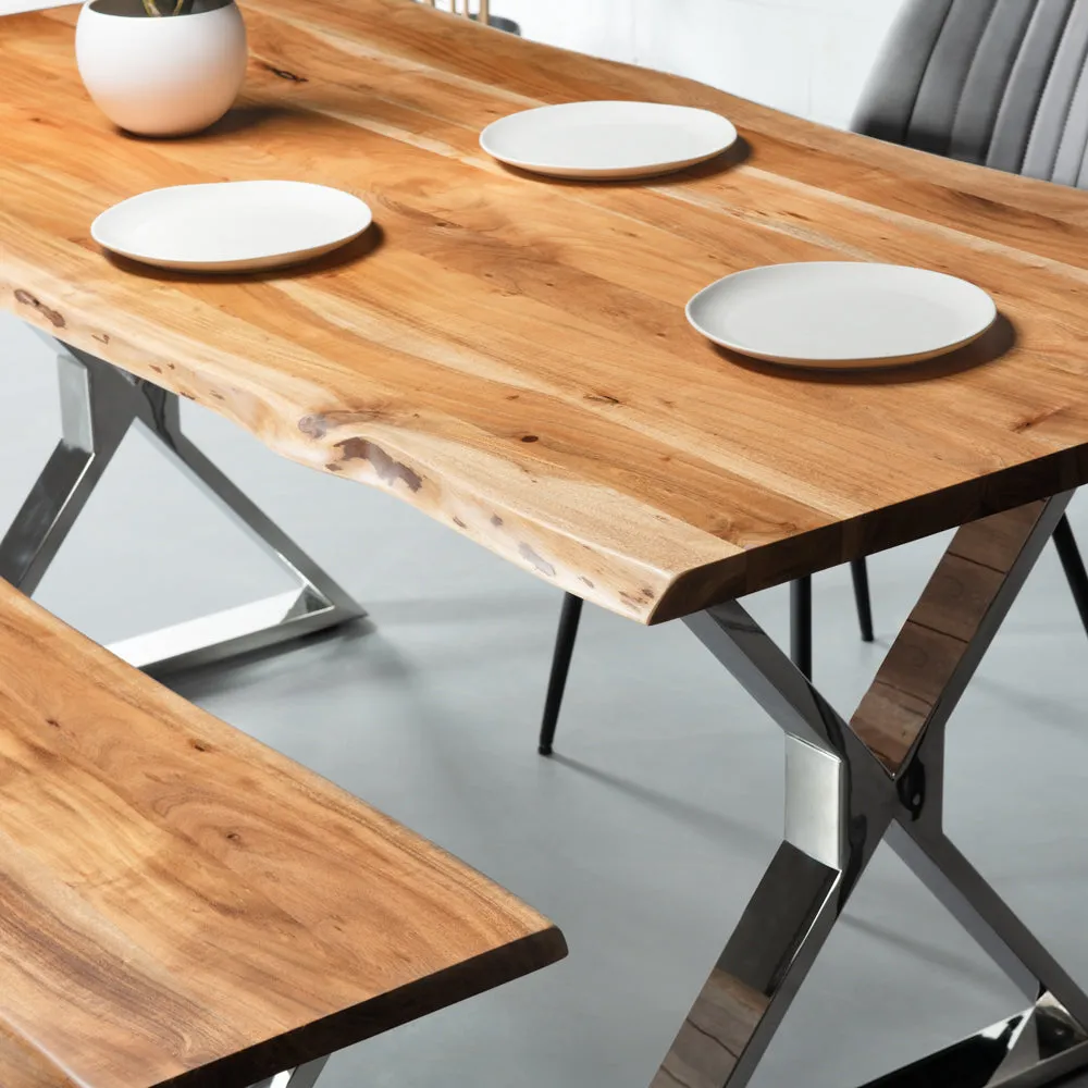 DANTON - Acacia Live Edge Table 3.5cm Thickness Top with X Chrome Legs