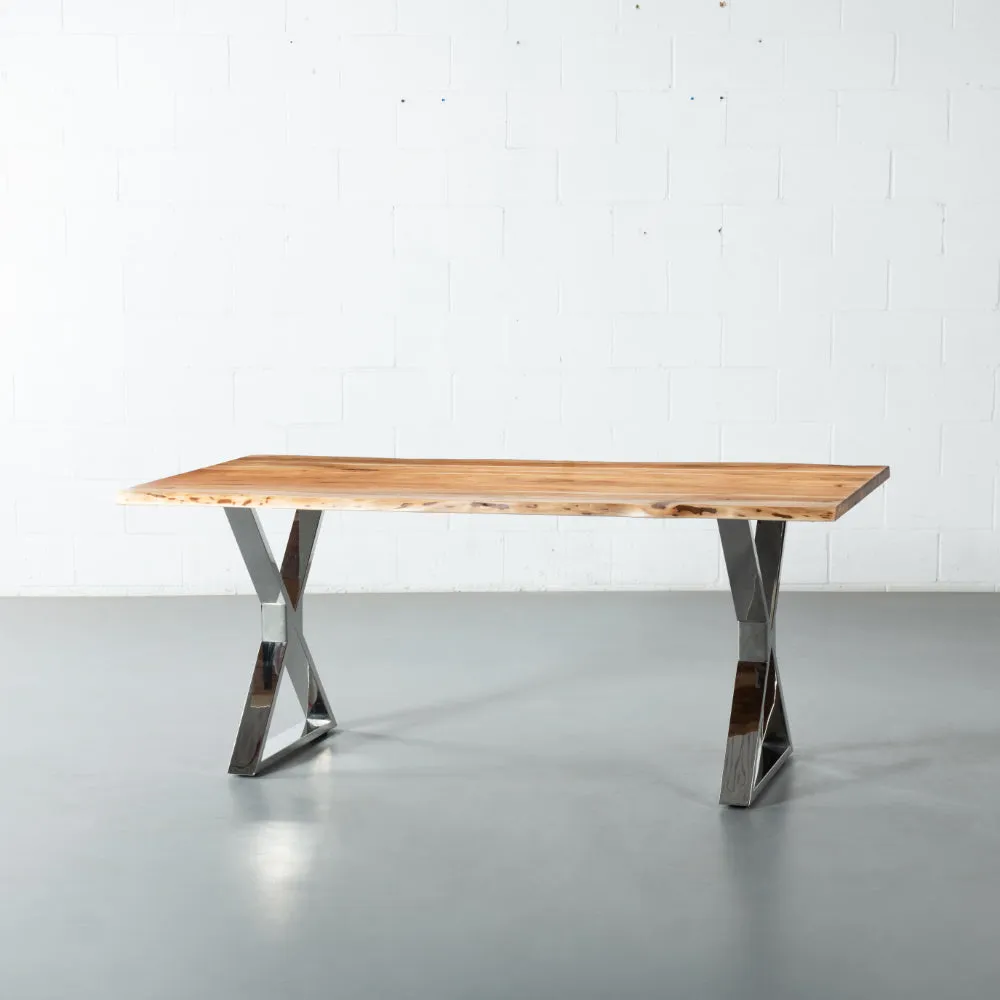 DANTON - Acacia Live Edge Table 3.5cm Thickness Top with X Chrome Legs