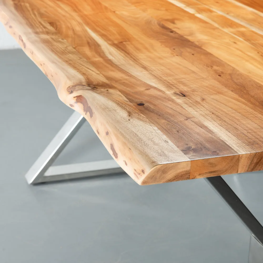 DANTON - Acacia Live Edge Table 3.5cm Thickness Top with X Chrome Legs