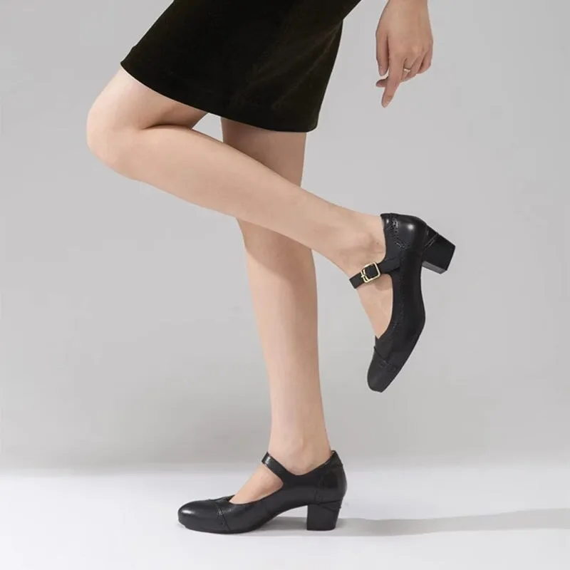 Handmade Leather Ankle Strap Brogued Mary Jane Pumps in Black/Green