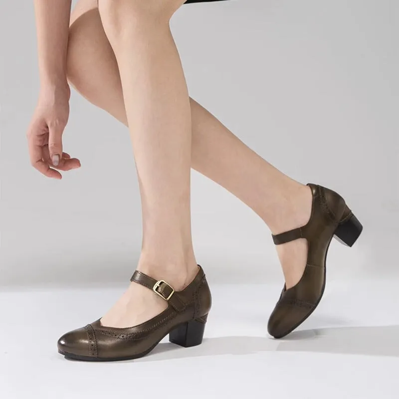 Handmade Leather Ankle Strap Brogued Mary Jane Pumps in Black/Green