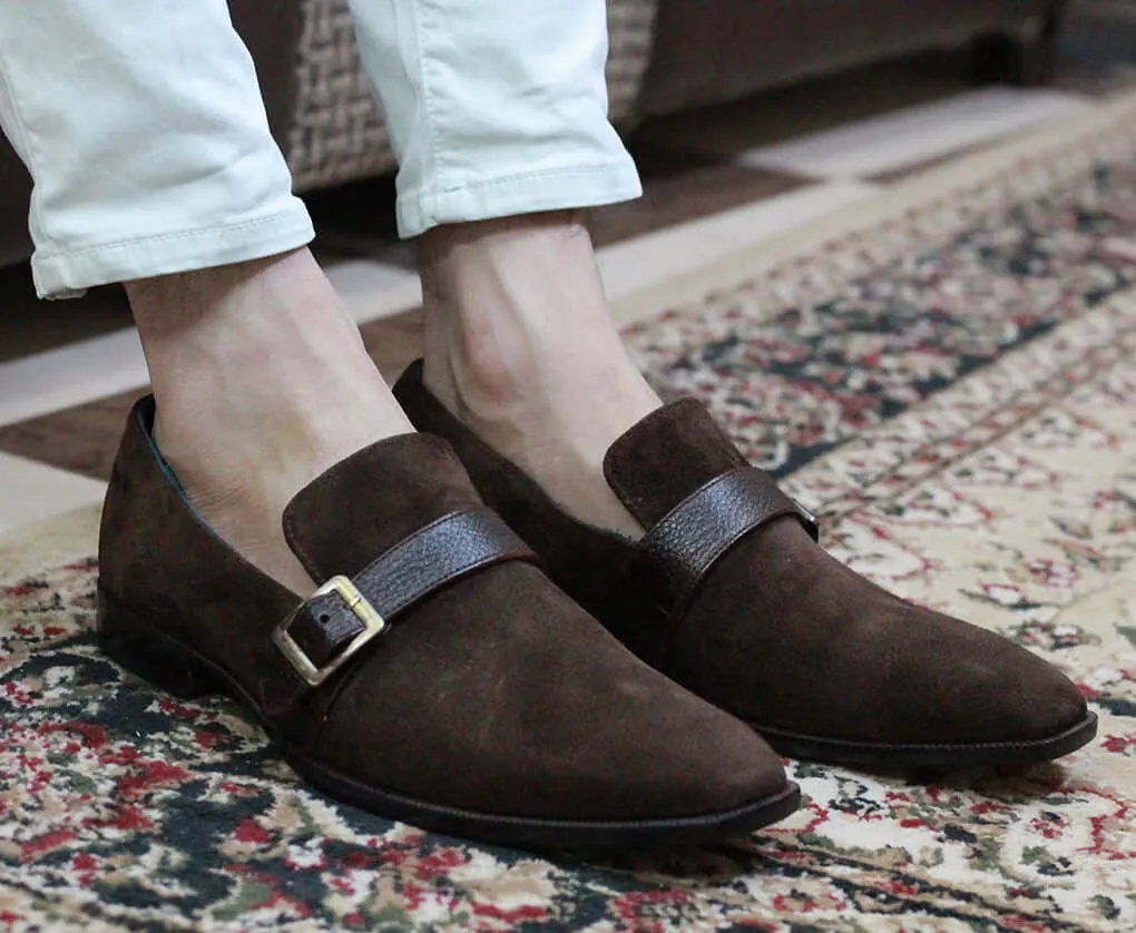 Handmade Men’s Brown Suede Monk Strap Slip On Loafers, Men Brown Dress Shoes