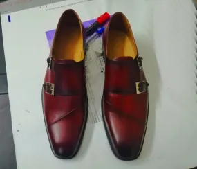 Handmade Men's Burgundy Double Monk Strap Leather Shoes, Men Designer Dress Formal Luxury Shoes