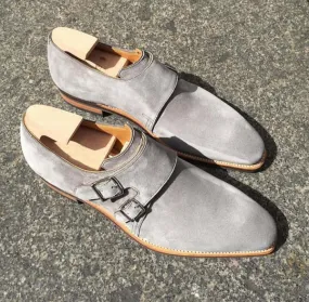 Handmade Men's Gray Suede Double Monk Strap shoes